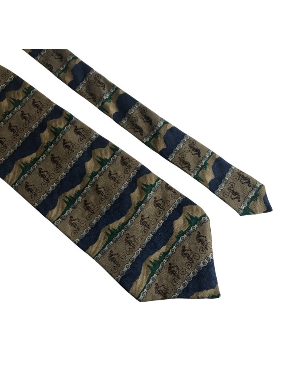 Field & Stream Silk Necktie Bicycle Pattern Blue Green USA Made Office Work Gift
